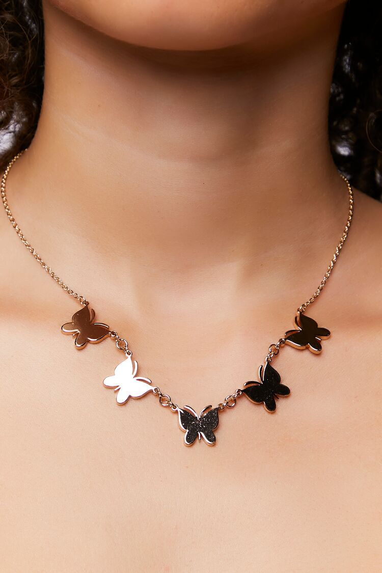 925 Sterling Silver 3D Enamel Glitter Butterfly Charm Pendant Necklace, 18