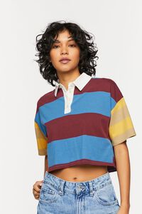MERLOT/MULTI Striped Drop-Sleeve Cropped Polo Shirt, image 1