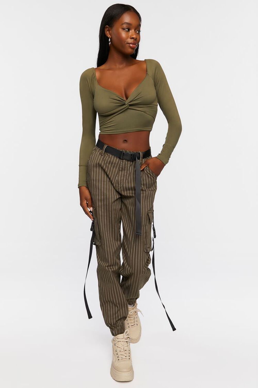 OLIVE/WHITE Pinstripe Belted Cargo Pants, image 1