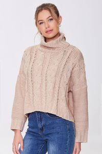 OATMEAL Cable Knit Turtleneck Sweater, image 1