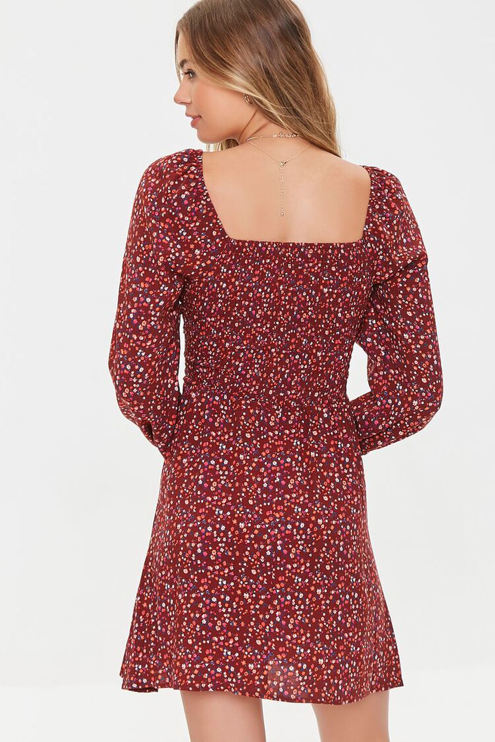 BURGUNDY/MULTI Ditsy Floral Ruched Mini Dress, image 3