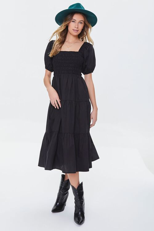 BLACK Smocked Puff-Sleeve Dress, image 1