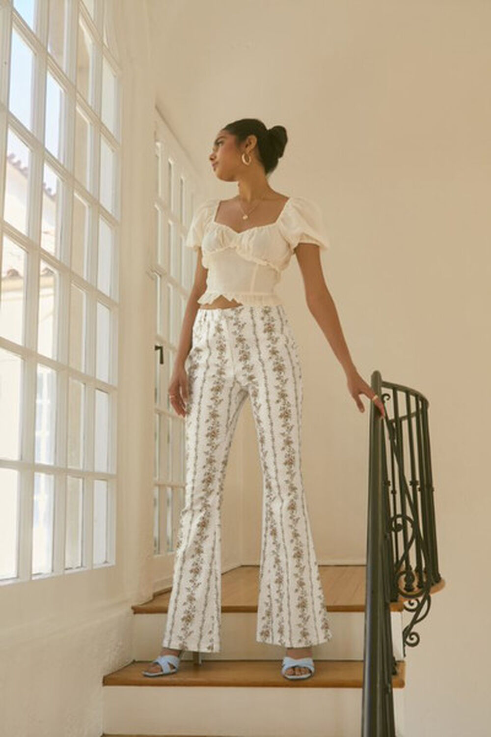 WHITE/MULTI Floral Print High-Rise Flare Pants, image 1