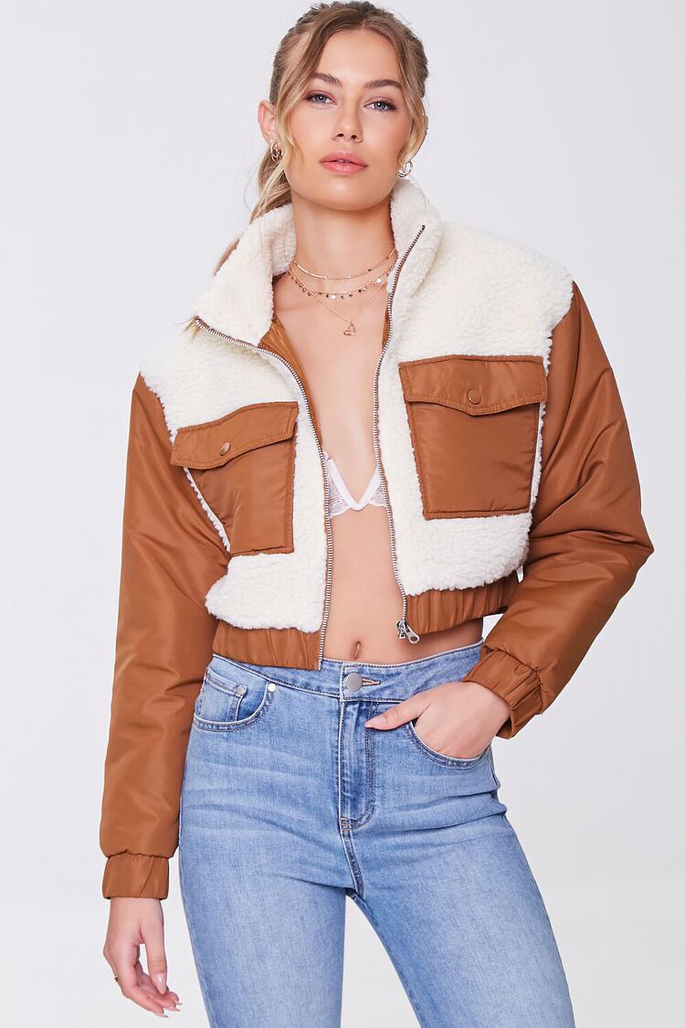 CREAM/LIGHT BROWN Colorblock Faux Shearling Jacket, image 1