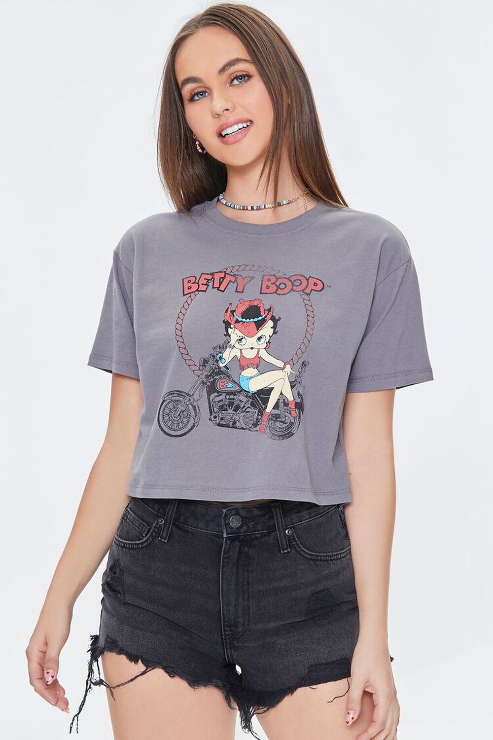 CHARCOAL/MULTI Betty Boop Graphic Cropped Tee, image 1