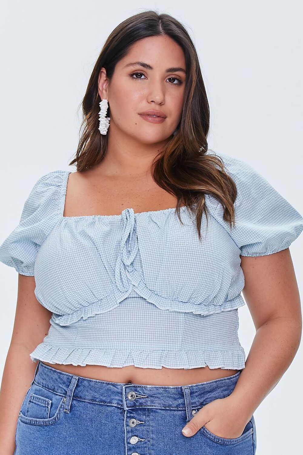 BLUE/WHITE Plus Size Gingham Crop Top, image 1