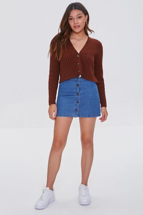 BROWN Ribbed Cropped Cardigan Sweater, image 4