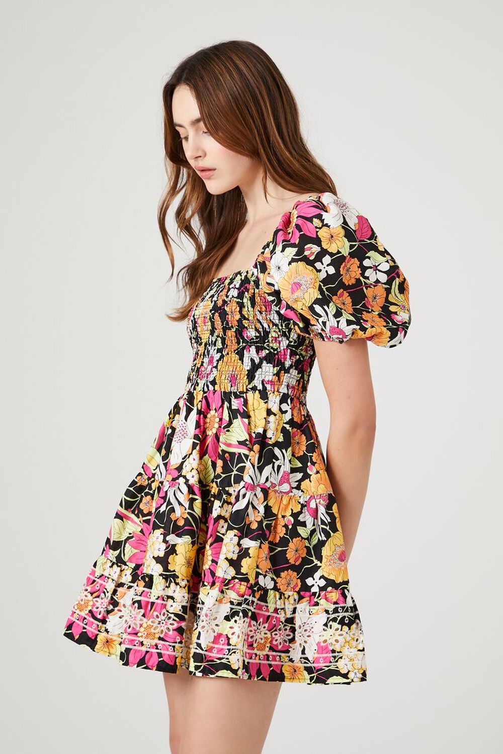 Floral Print Puff-Sleeve Mini Dress