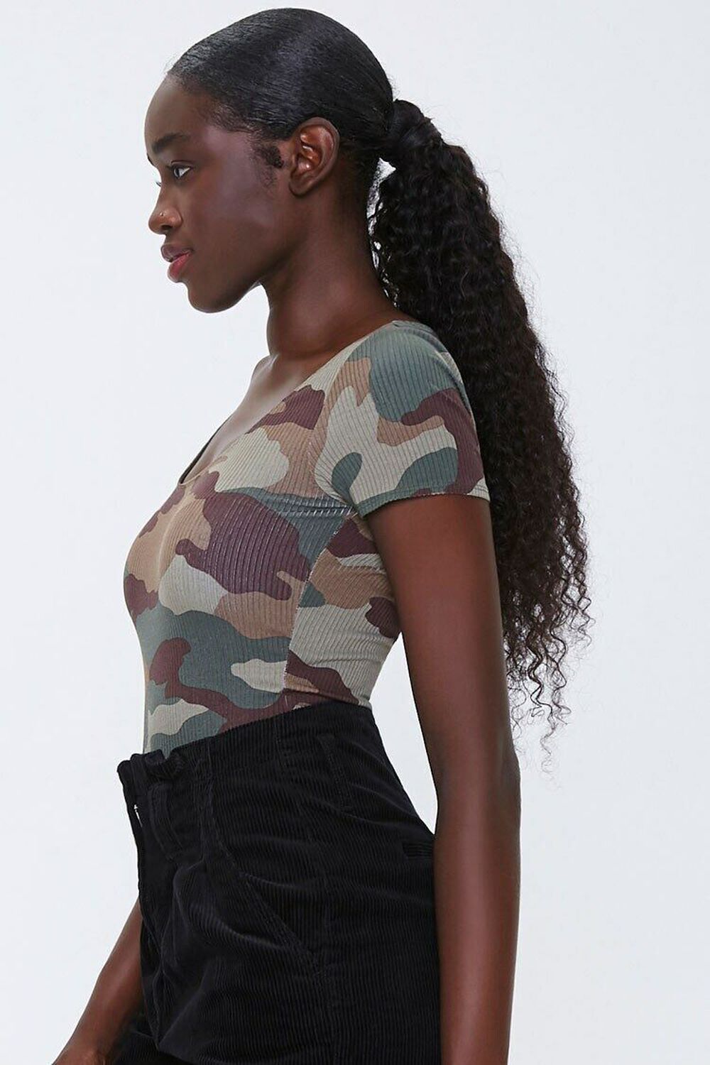 GREEN/BROWN Ribbed Camo Print Bodysuit, image 2