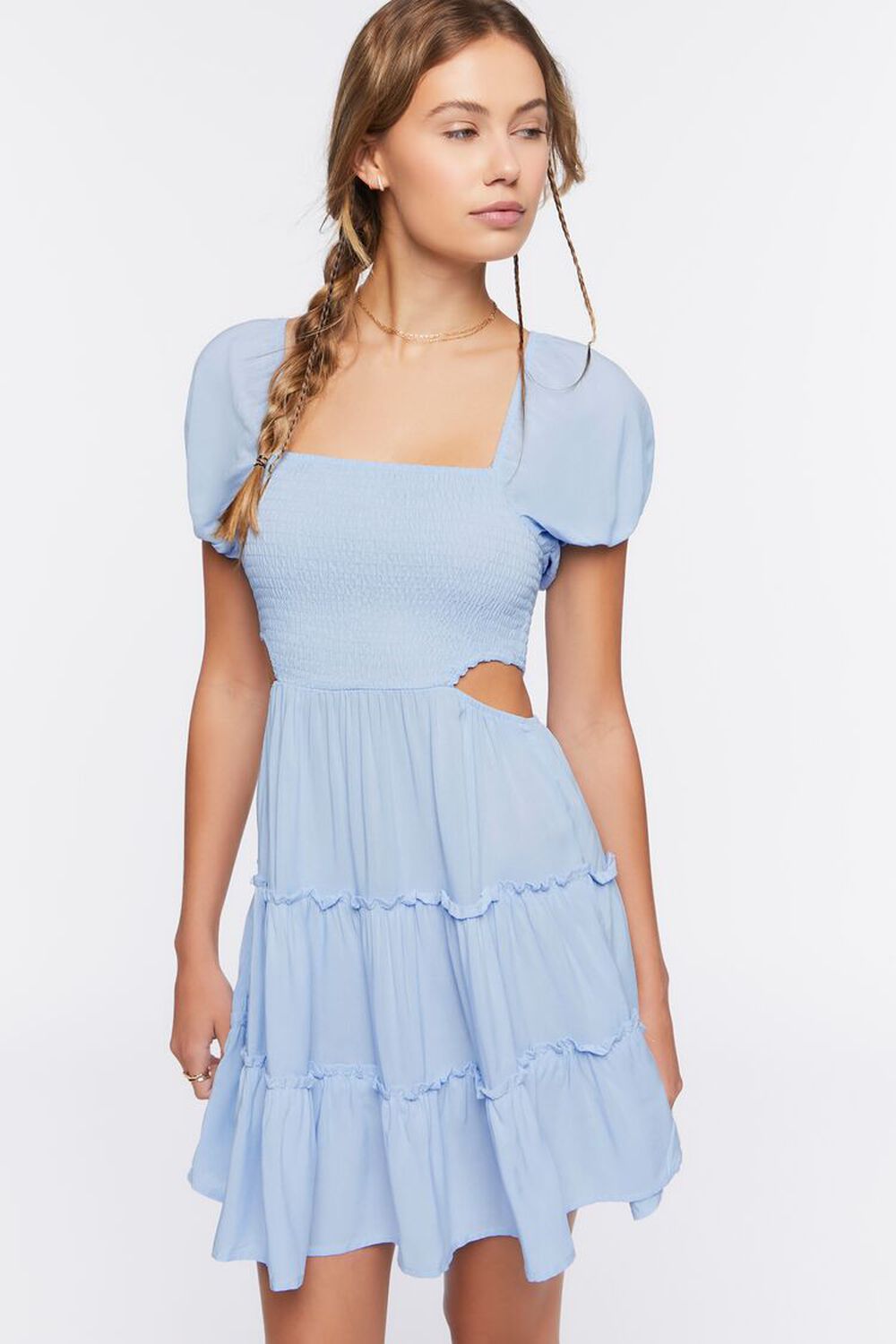 LIGHT BLUE Cutout Puff-Sleeve Mini Dress, image 1