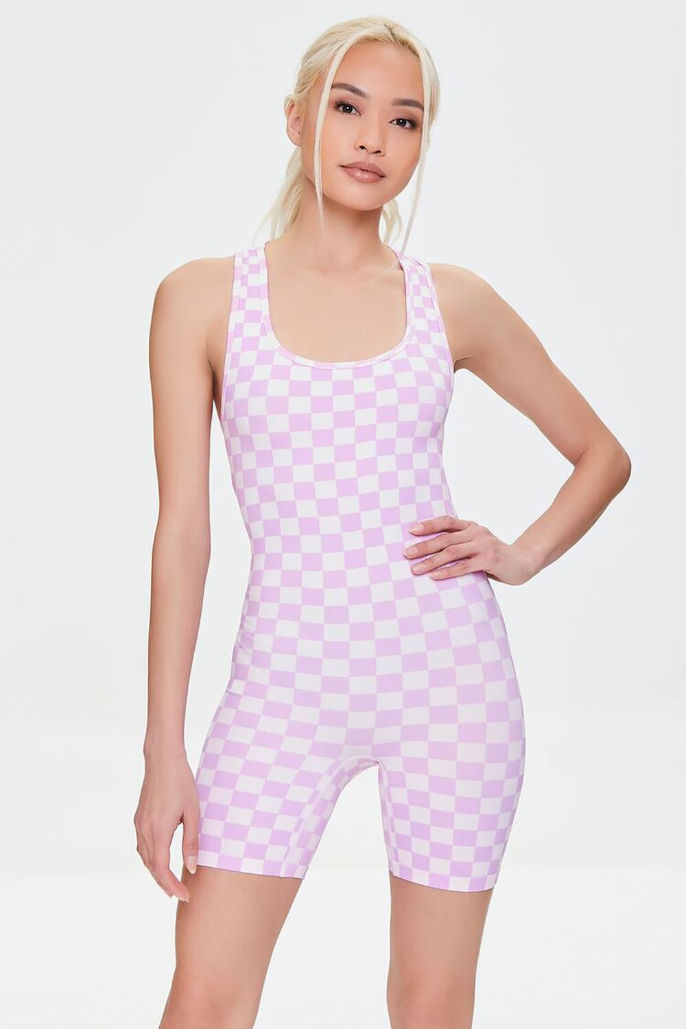 PINK/LIGHT PINK Active Seamless Checkered Print Cutout Romper, image 1