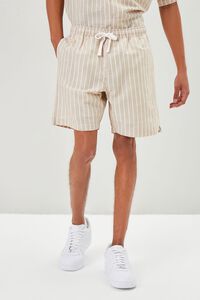 TAUPE/CREAM Pinstriped Linen-Blend Shorts, image 2