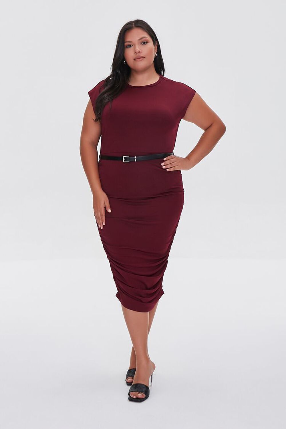 WINE Plus Size Belted Ruched Dress, image 1