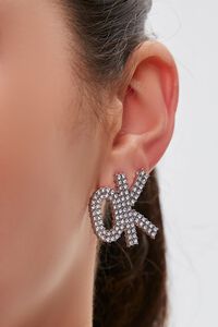 SILVER/CLEAR Rhinestone OK Pendant Drop Earrings, image 1