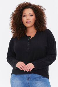 BLACK Plus Size Ribbed Henley Top, image 1