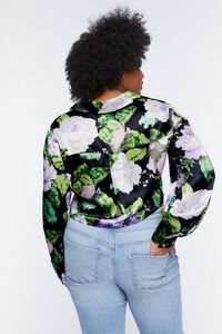 BLACK/MULTI Plus Size Satin Floral Print Shirt, image 3