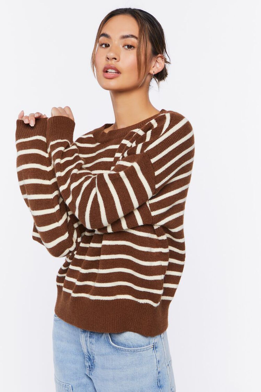 BROWN/WHITE Striped Button-Back Sweater, image 2