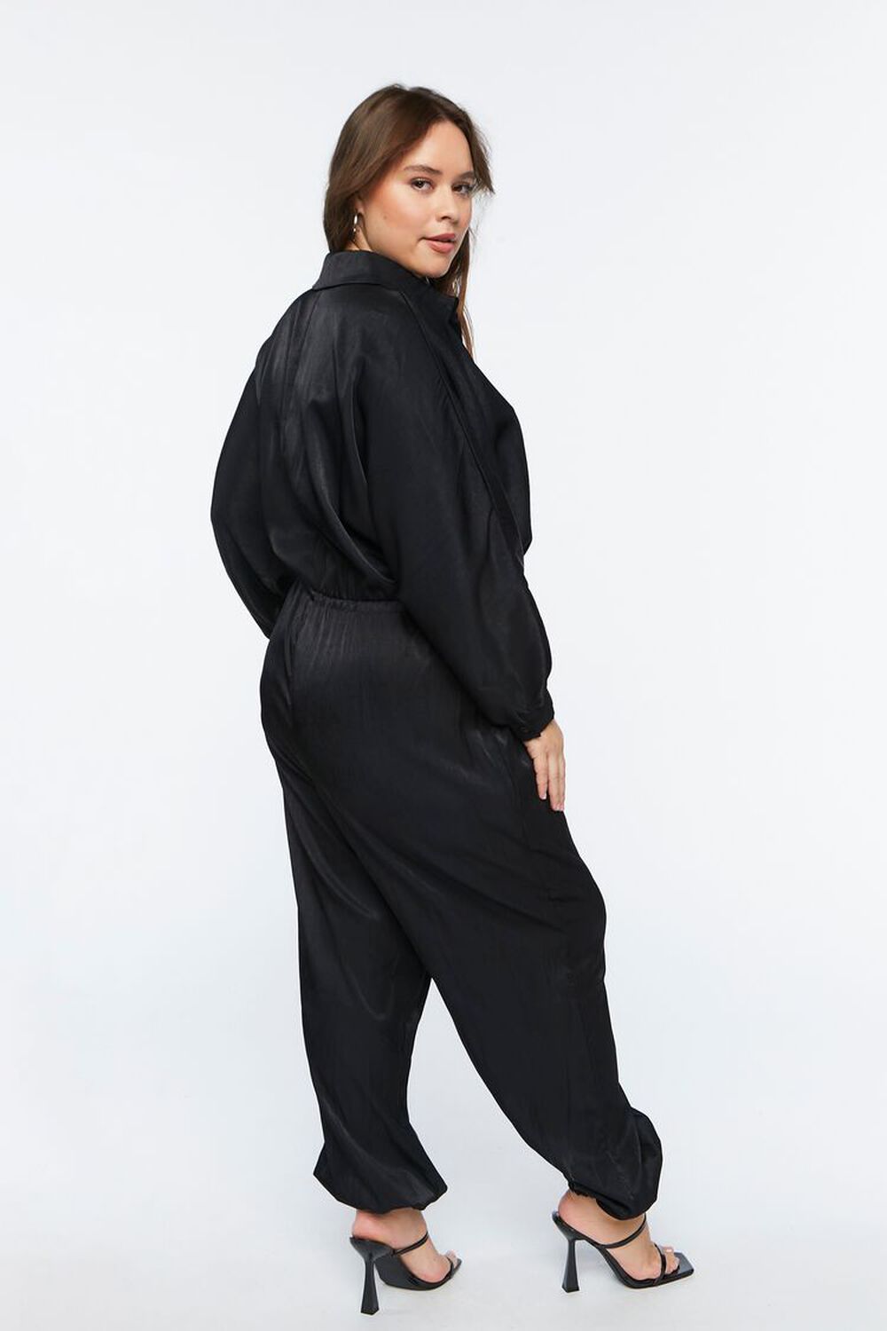 BLACK Plus Size Satin Long-Sleeve Jumpsuit, image 3