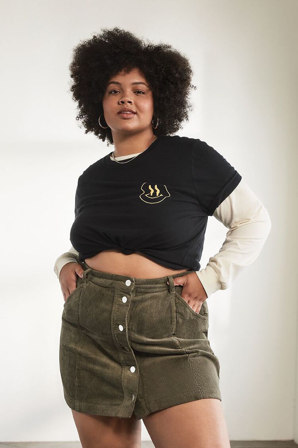 BLACK/YELLOW Plus Size Embroidered Happy Face Tee, image 1