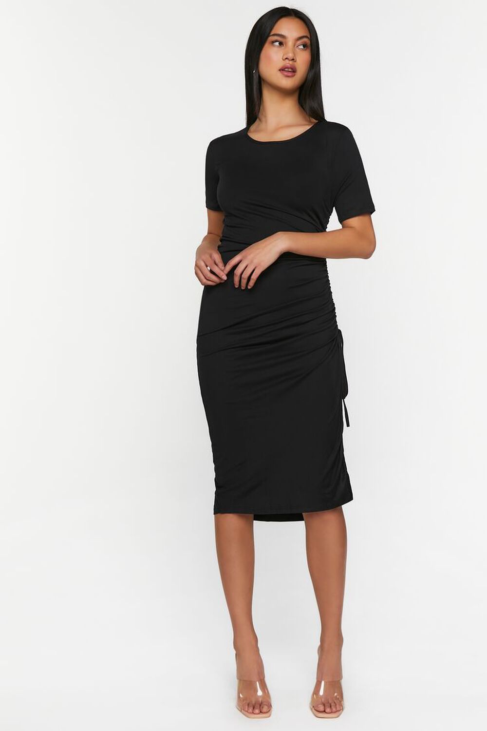 BLACK Ruched Short-Sleeve Midi Dress, image 1