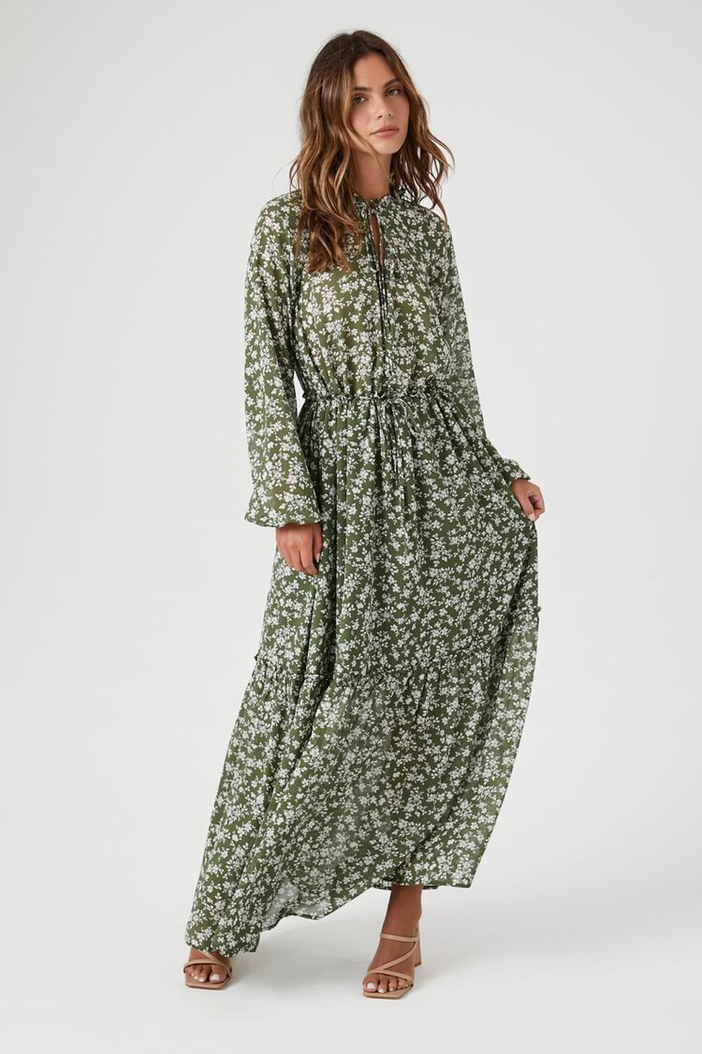 OLIVE/MULTI Chiffon Floral Print Midi Dress, image 1