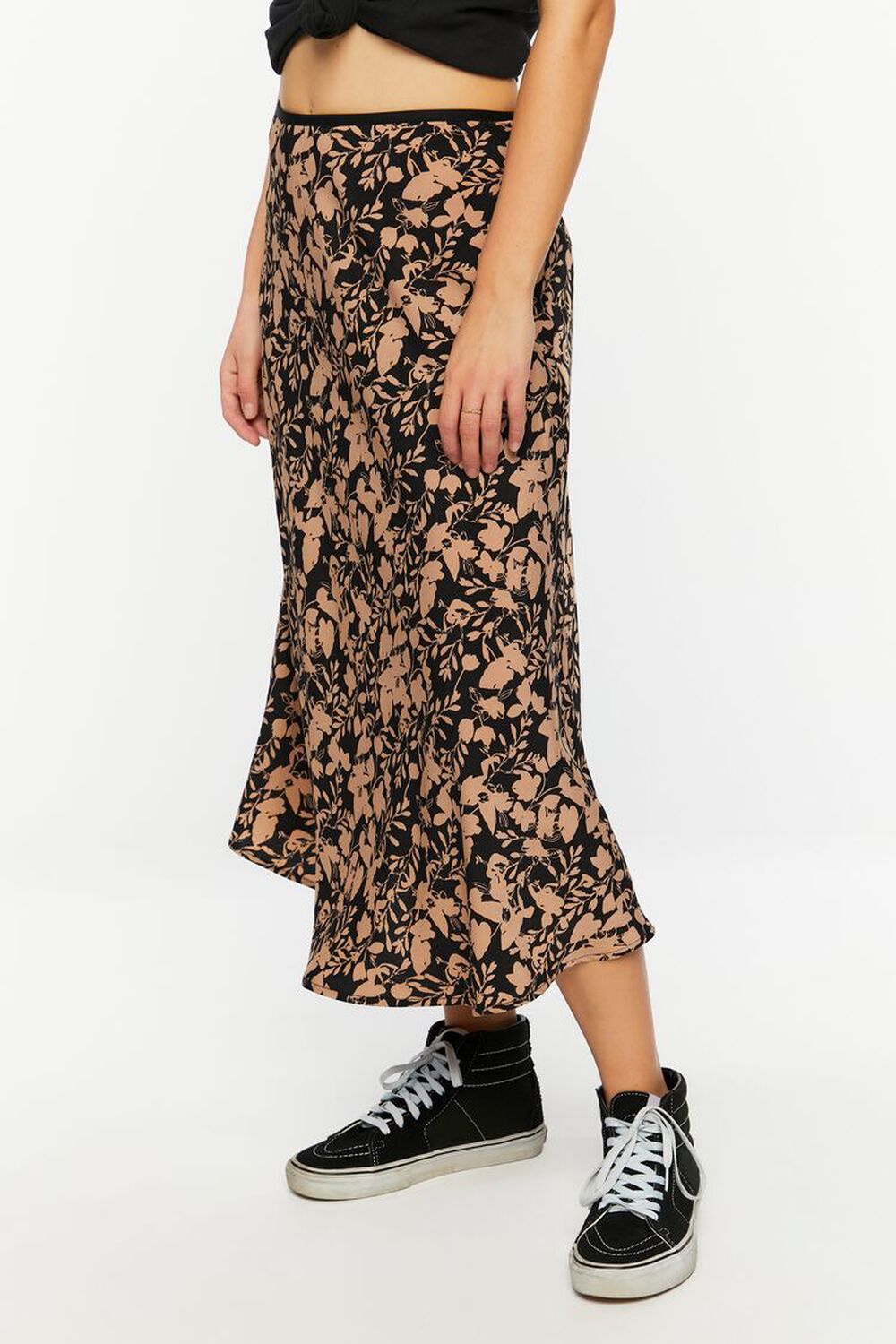 BLACK/BEIGE Floral Print A-Line Midi Skirt, image 3