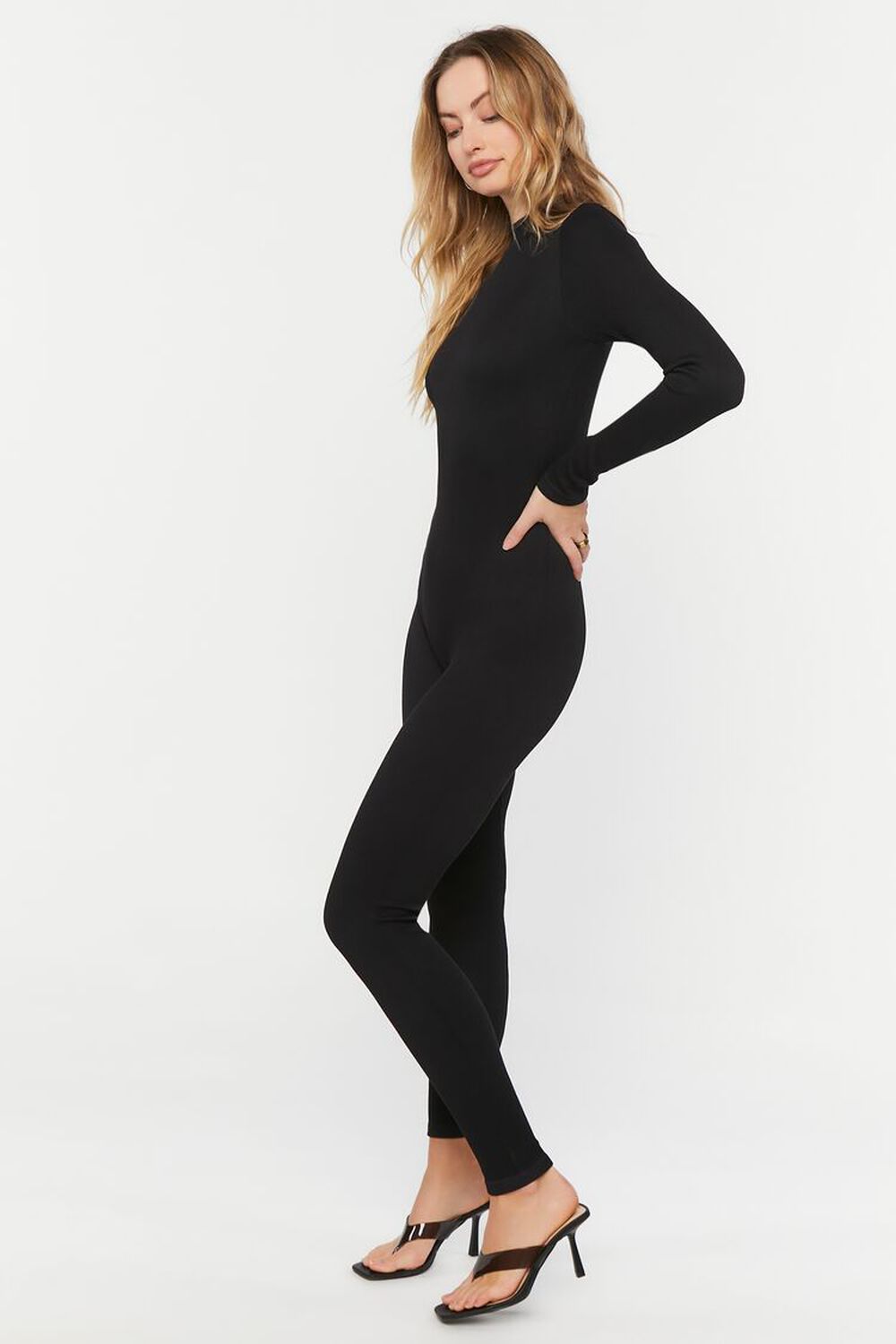 BLACK Seamless Mock Neck Long-Sleeve Jumpsuit, image 2
