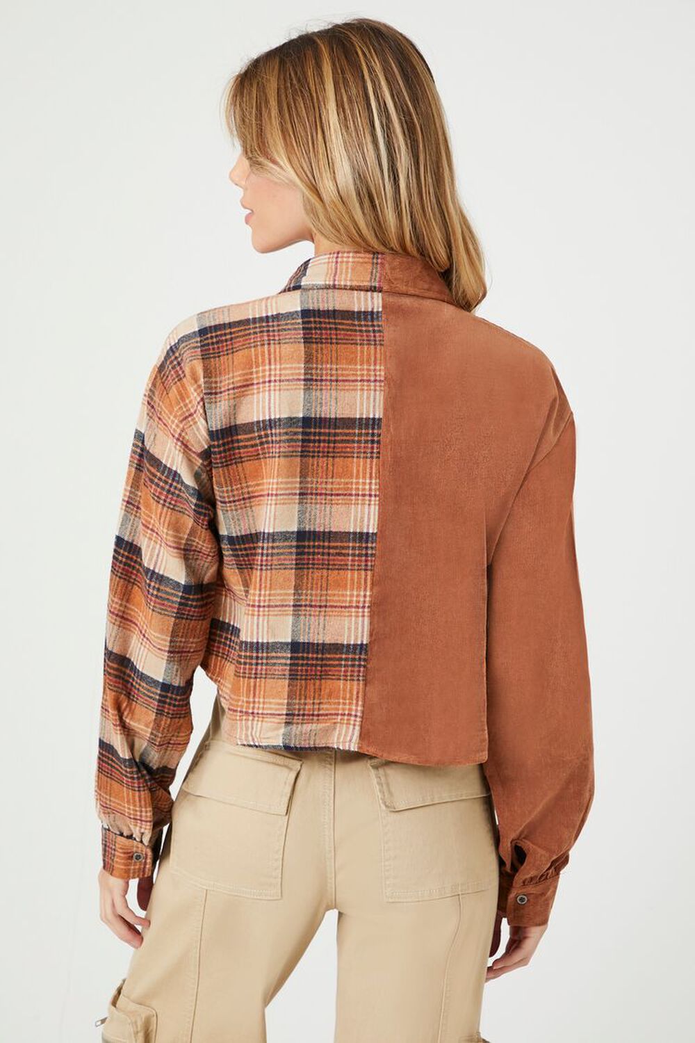 BROWN/MULTI Plaid Flannel Cropped Shirt, image 3