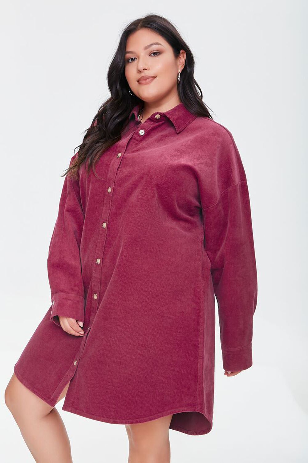 BURGUNDY Plus Size Corduroy Shirt Dress, image 1
