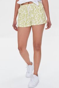 GREEN BANANA/CREAM Floral Drawstring Twill Shorts, image 2