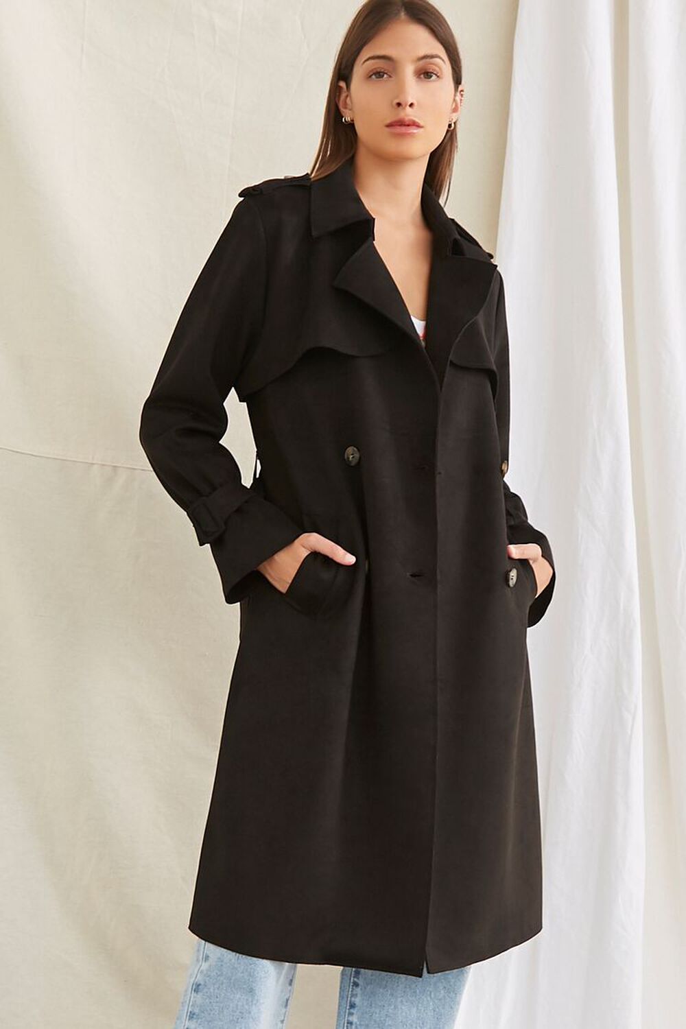 BLACK Belted Faux Suede Trench Jacket, image 1