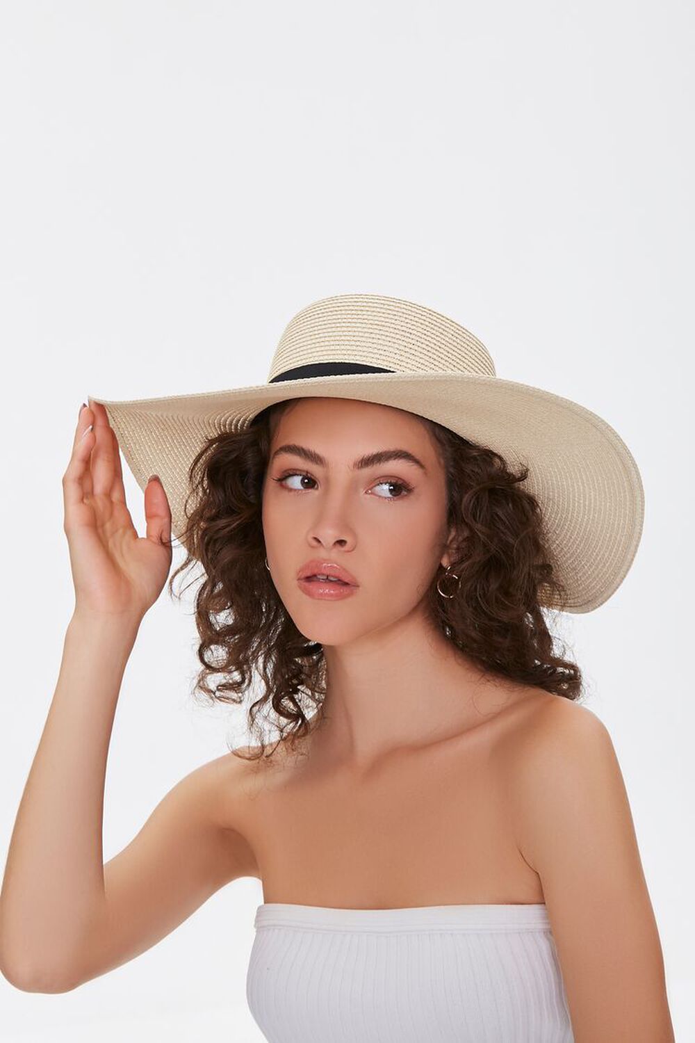 NATURAL/BLACK Faux Straw Floppy Hat, image 1