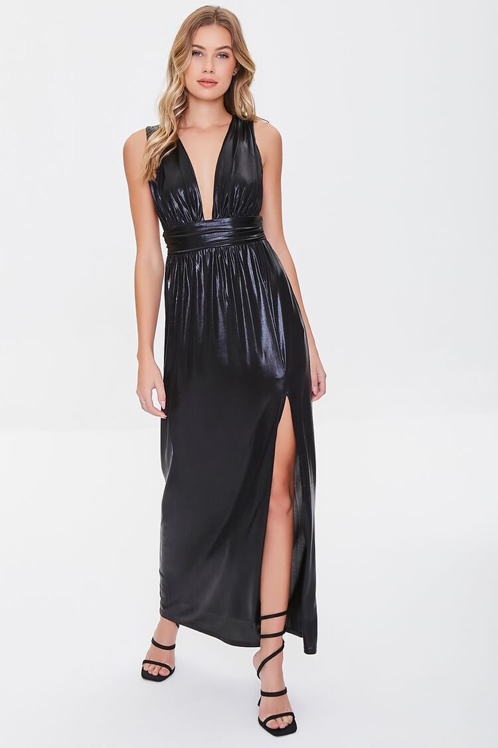 Faux Leather Plunging Maxi Dress