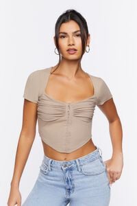 TAUPE Ruched Rib-Knit Crop Top, image 1