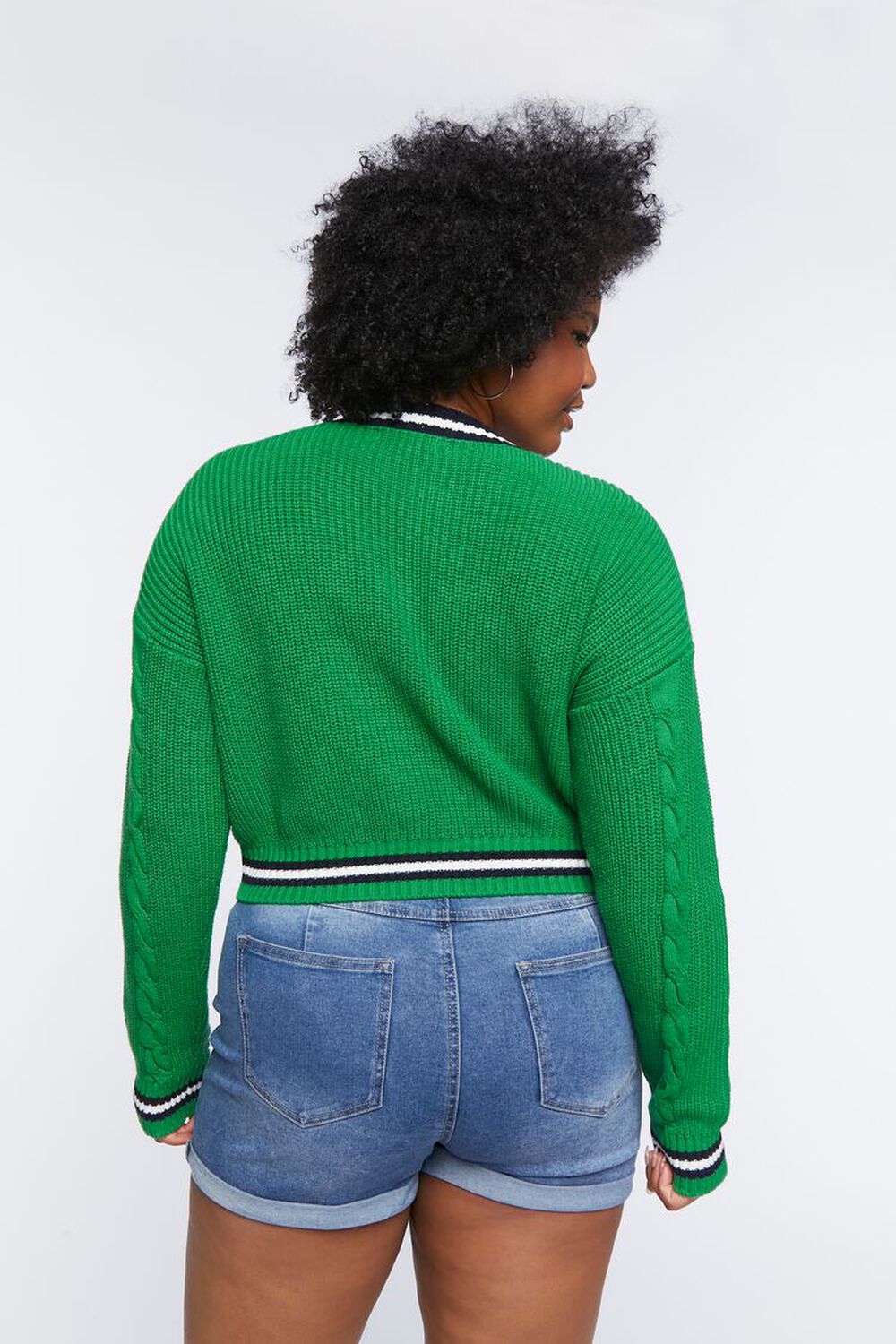 GREEN/NAVY Plus Size Varsity-Striped Cardigan Sweater, image 3