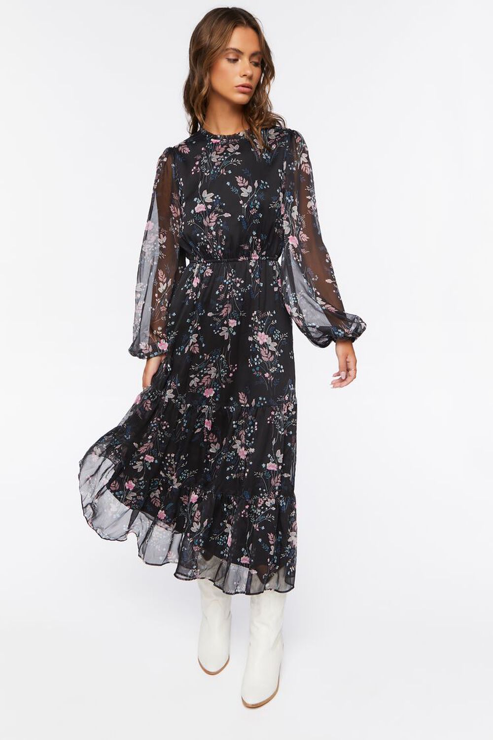 BLACK/MULTI Chiffon Floral Print Midi Dress, image 1