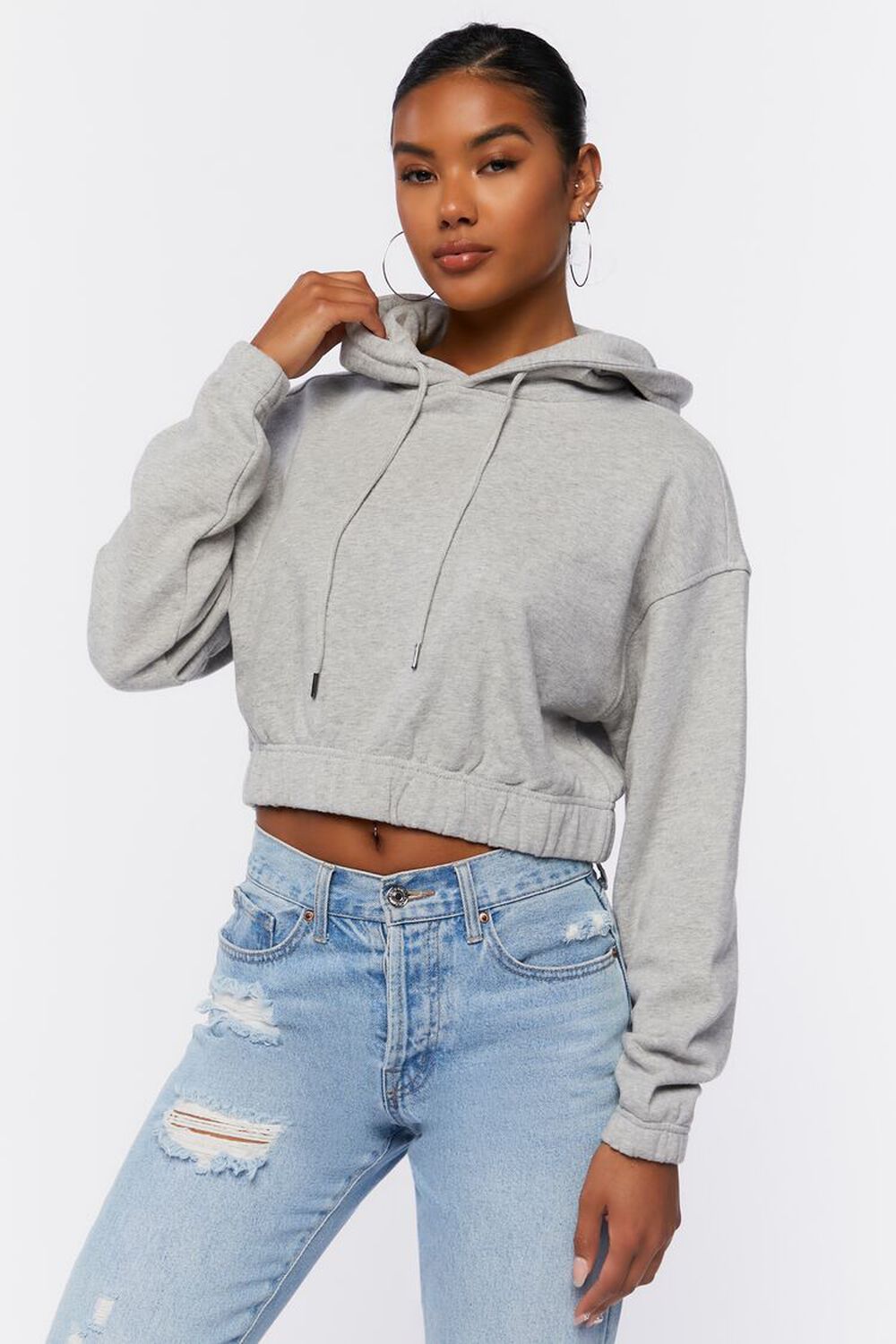 HEATHER GREY French Terry Cropped Hoodie, image 1