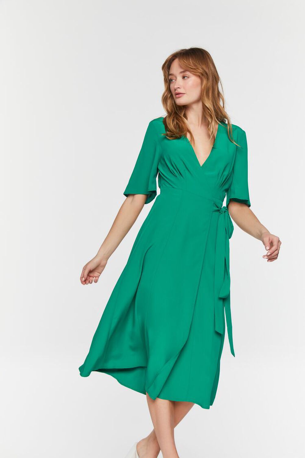 GREEN Crepe Midi Wrap Dress, image 1