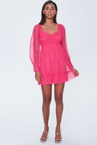 HOT PINK Mesh  Balloon-Sleeve Sweetheart Dress, image 4