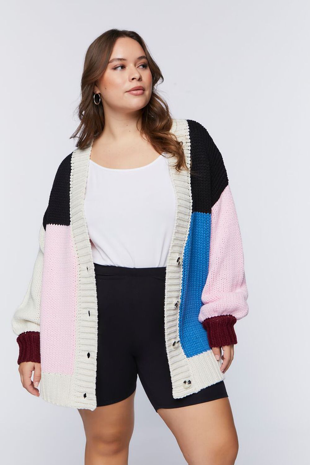BUBBLE GUM/MULTI Plus Size Chunky Colorblock Cardigan Sweater, image 1