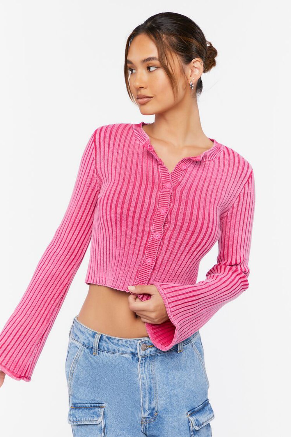 FUCHSIA Ribbed Bell-Sleeve Crop Top, image 1