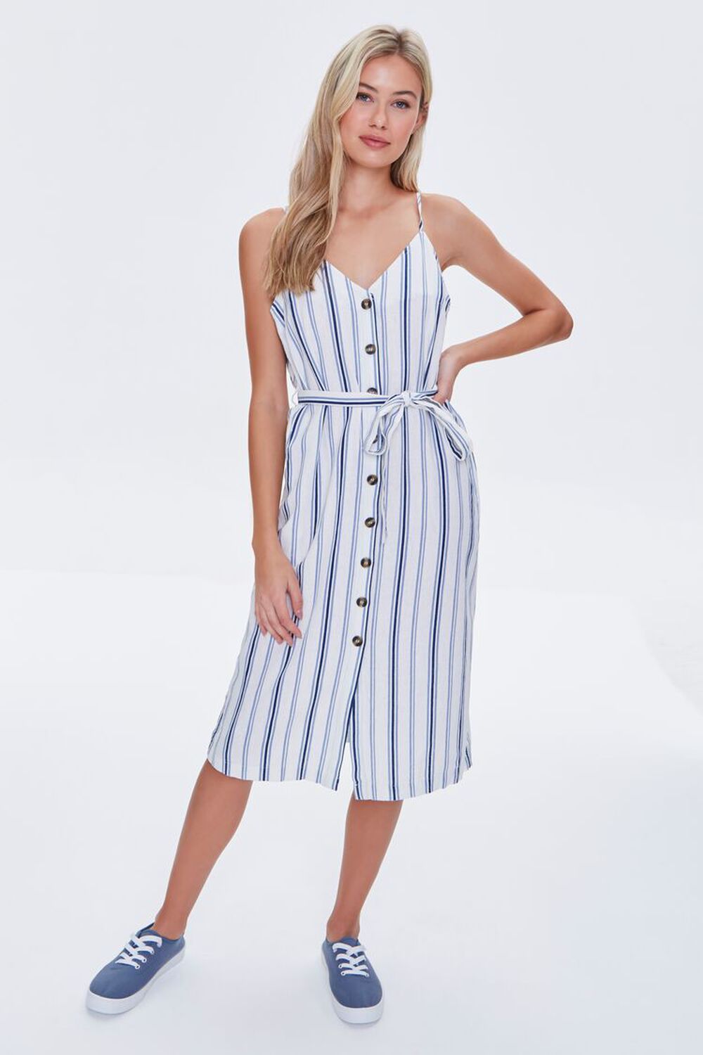 CREAM/BLUE Striped Linen-Blend Dress, image 2