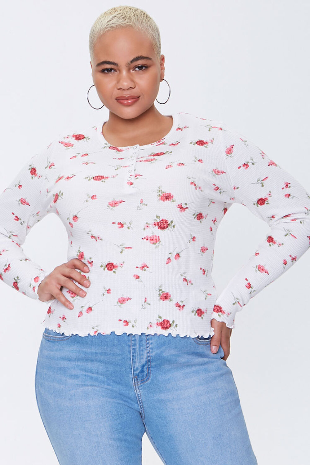 IVORY/RED Plus Size Floral Print Henley Top, image 1