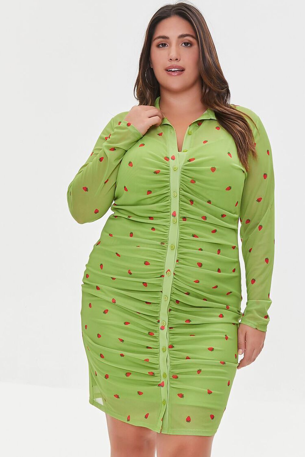 GREEN/MULTI Plus Size Mesh Strawberry Print Dress, image 1