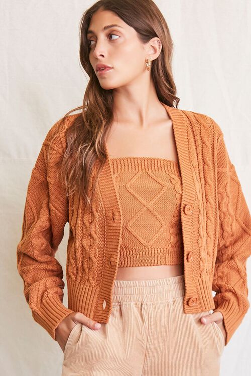 TAN Cable Knit Cardigan Sweater, image 1