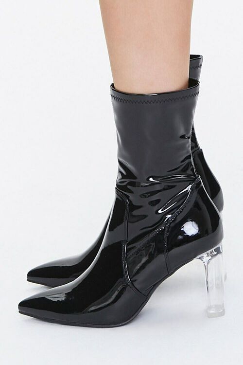 BLACK Faux Patent Leather Lucite Heel Booties, image 2