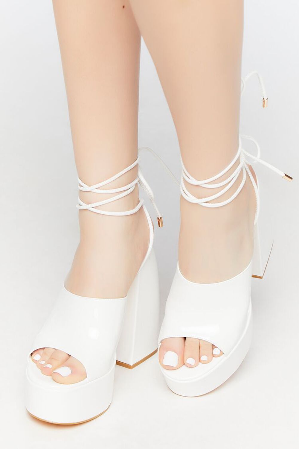 WHITE Faux Patent Leather Lace-Up Heels, image 1