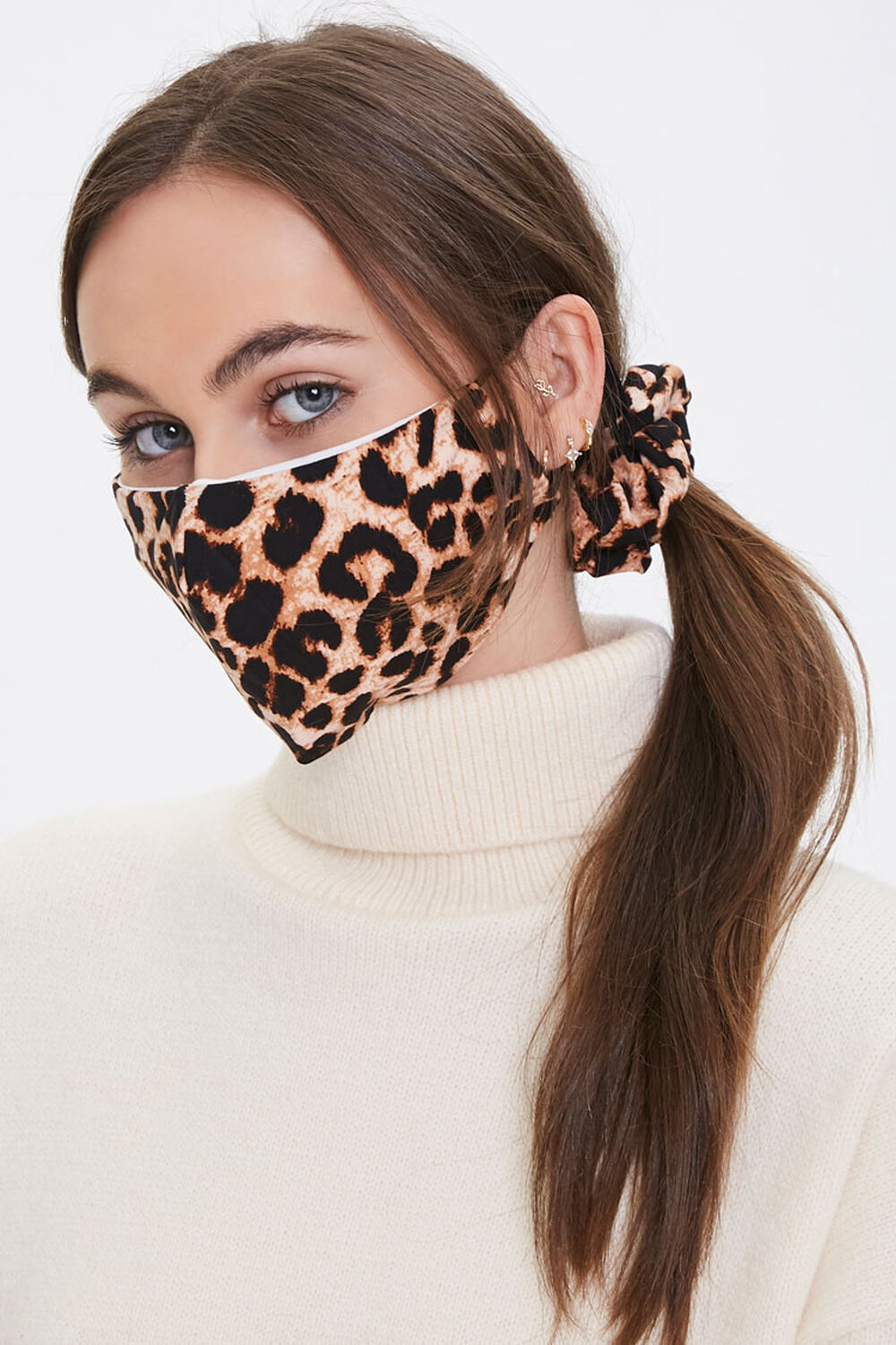 BROWN/MULTI Leopard Face Mask & Scrunchie Set, image 1