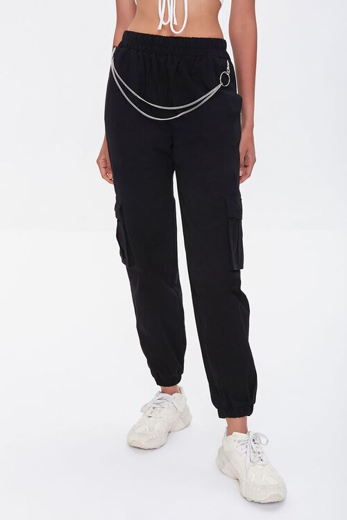 BLACK Twill Wallet Chain Cargo Joggers, image 2