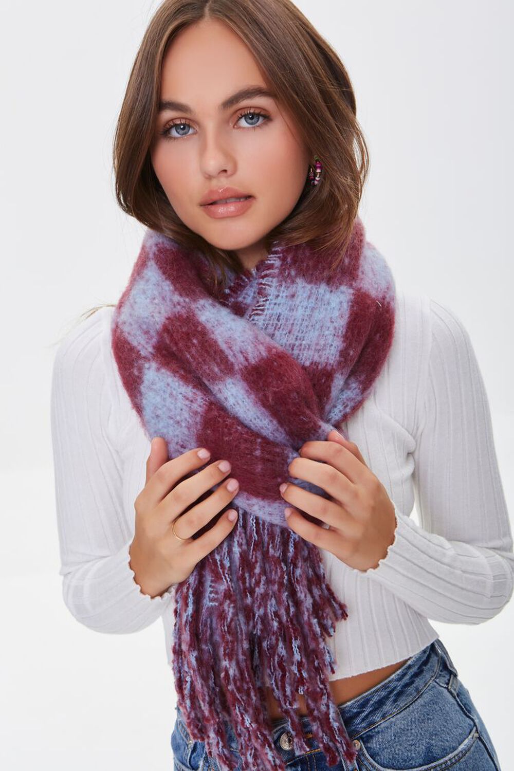 BERRY/BLUE Checkered Tassel Oblong Scarf, image 1